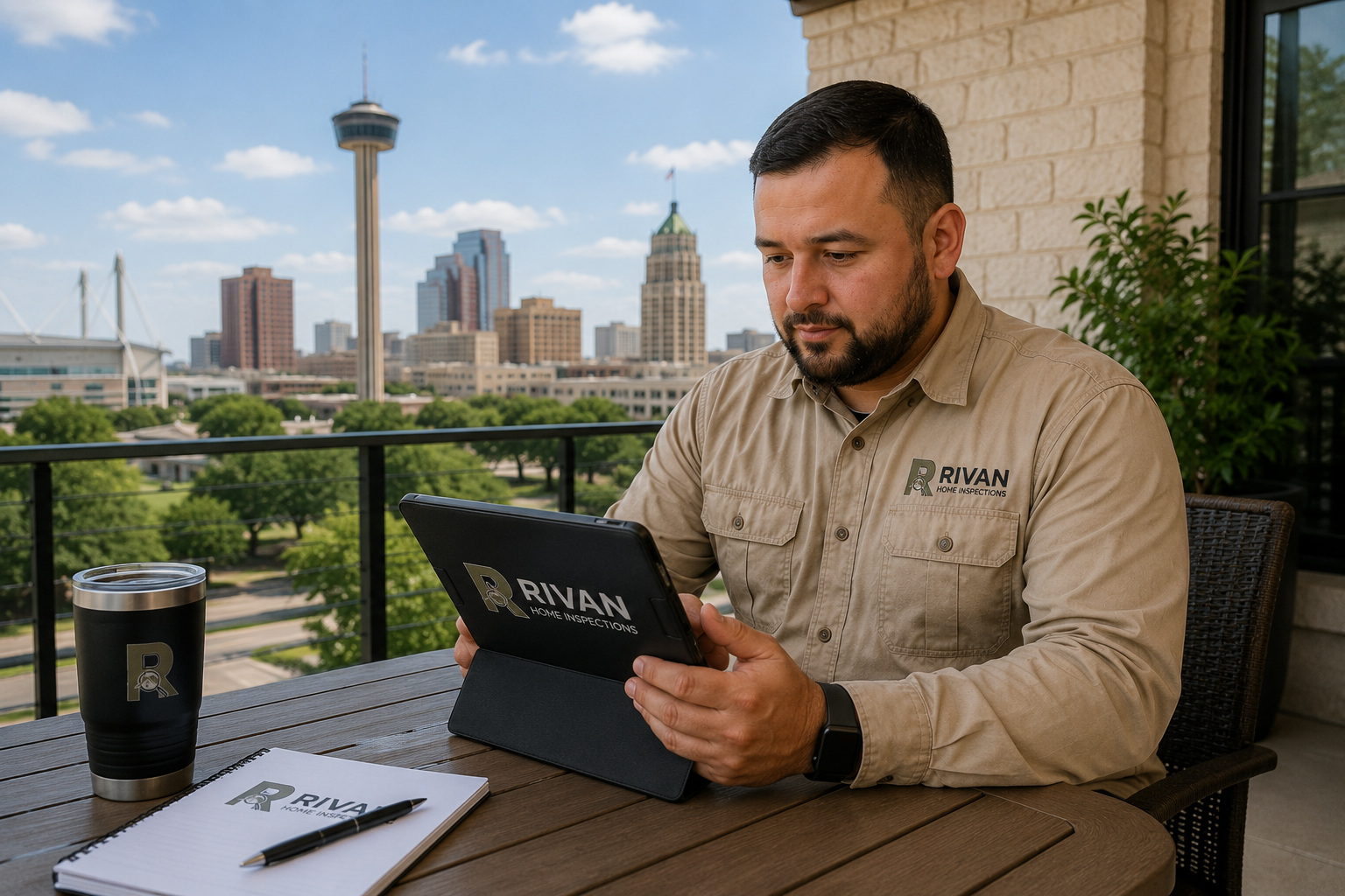 Ivan Rivera with Rivan Home Inspections branding outside a home
